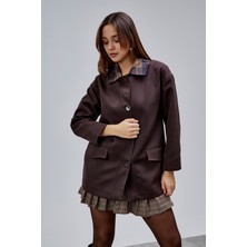 Bolivente Mia Acı Kahve Ekose Yaka Cepli Oversize Trençkot