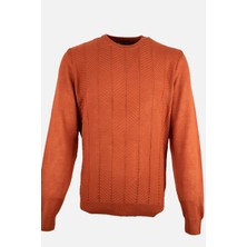 Erkek Bisiklet Yaka Triko Kazak Balıksırtı Desen Yün Modern Fit Kiremit