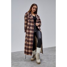 Bolivente Elora Kahverengi Ekose Detaylı Premium Oversize Trençkot 46650