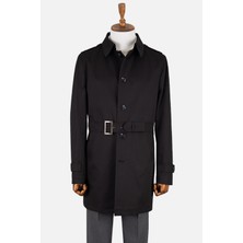HC MEN CLASSIC Erkek Trençkot Siyah Pamuklu Kuşaklı Gömlek Yaka Modern Fit Şık Dış Giyim