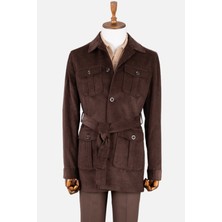 HC MEN CLASSIC Erkek Kadife Kumaş Kuşaklı Trençkot Kahverengi Mono Yaka Safari Cepli Fitted Tasarım