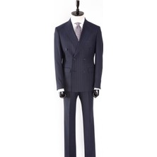 HC MEN CLASSIC Erkek Lacivert Kırlangıç Yaka Çizgili Modern Fit Kruvaze Takım Elbise