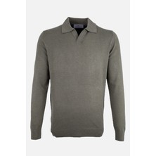 Erkek Polo Yaka Triko Kazak Slim Fit Pamuk Kaşmir Haki