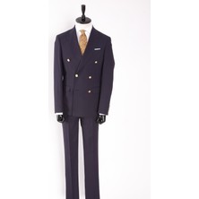 Erkek Kruvaze Takım Elbise Kendinden Dokulu Sivri Yaka  Modern Fit Metal Düğme Lacivert