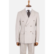HC MEN CLASSIC Erkek Bej Kırlangıç Yaka Çizgili Comfort Fit Kruvaze Takım Elbise