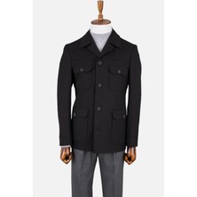 Erkek Safari Ceket Astarsız  Mono Yaka Baharlık Slim Fit Siyah