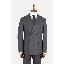 Erkek Kruvaze Takım Elbise Geniş Çizgili Kırlangıç Yaka Çift Yırtmaç  Rahat Kalıp Gri