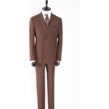 HC MEN CLASSIC Erkek Kahverengi Kırlangıç Yaka Modern Fit Kruvaze Takım Elbise