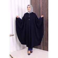 Bym Fashion Düğmeli Kapşonlu Triko Panço 18342 Lacivert