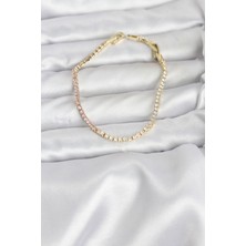 Mustran Pembe ve Beyaz Zirkon Taşlı Gold Renk Su Yolu Kadın Bileklik