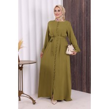 Bym Fashion Boydan Düğmeli Ferace 6056 Yağ Yeşili