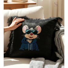 Shules Collection Tavşan Nakışlı Kadife Siyah Kırlent Kılıfı (1 Adet Içi Dolgulu 43 x 43 Cm)