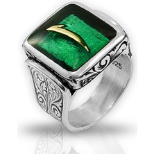 Besen Gümüş 925 Ayar Gümüş Yeşil Mineli Kare Elif Model Özel Tasarım Yüzük