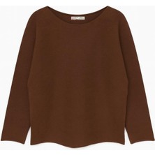 Mixray 7008 Kadın Basic Kayık Yaka Yumuşak Dokulu Kazak Kahve