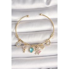 Vice Avm Pirinç Gold Renk Sallantı Zirkon Taşlı AYıcık Figür Kalp Detay Charm Kadın Bileklik Vice-5353 EB-53-vice/(1395) 2853