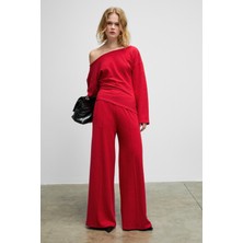 Grimelange Velan Kadın Yumuşak ve Esnek Kumaşlı Geniş Paçalı Kırmızı Eşofman Altı