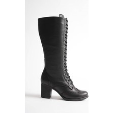 Analin Shoes Kadın Hakiki Deri Bağcıklı Topuklu Çizme - Kahve