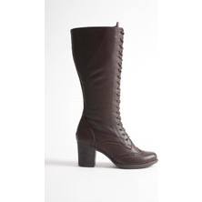 Analin Shoes Kadın Hakiki Deri Bağcıklı Topuklu Çizme - Kahve