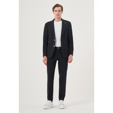 Morven Erkek Lacivert Poliviskon Trend Çizgili Slim Fit Mono Yaka Takım Elbise