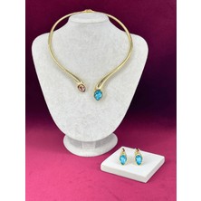 Calista Aksesuar Kahverengi ve Mavi Renklerinde Parlak Taşlı Gold Set