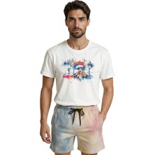 Color Luxe ''rainy Ride'' Yağmurda Bisiklet ve Şehir Temalı Sulu Boya Baskılı Premium Erkek Tişört