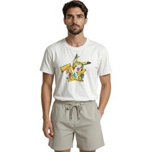 Color Luxe Neşeli Pikachu Eskiz ve Karalama Sanatı Baskılı Premium Erkek Tişört