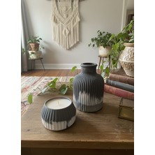 Nova Deco Bohem Iskandinav Vazo ve Soya Mum Seti | Mat Gri Beyaz Modern Dekoratif 2'li Set Hediye