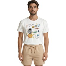 Color Luxe ''from Moon To Mars'' Astronot ve Galaksi Temalı Doodle Baskılı Premium Erkek Tişört