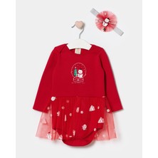 Magu Kız Bebek Pamuklu Kırmızı Kardan Adam Temalı Tül Etekli Body Set - Saç Bandı Aksesuarlı