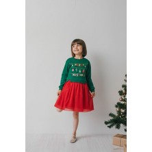 Magu Kız Çocuk Pamuklu Yeşil Üst Kırmızı Tüllü Yeni Yıl Temalı Elbise - Merry Christmas Baskılı