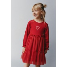 Magu Kız Çocuk Pamuklu Kırmızı Baston Şeker Kalp Desenli Tüllü Elbise - Fırfırlı Parıltılı Etek Detaylı