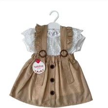 Magu Kız Çocuk Yakası Dantelli Bej Salopet Elbise