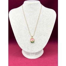 Calista Aksesuar Pembe ve Yeşil Renkli Çiçekli Gold Kolye