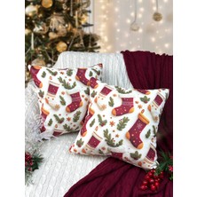 2 Adet Kırlent Kılıfı 43X43 cm Dijital Baskı Yılbaşı Yeni Yıl Noel Konsepti New Year Christmas Fifty Home Fermuarlı