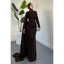 Merven Akyüz Feranya Yandan Taşlı Pelerinli Balık Abiye Kahverengi