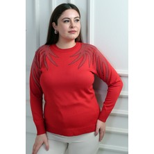 By Saygı Kadın Omuzları Taş Baskılı Büyük Beden Triko Bluz
