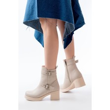 Zerenyus ZRİN-3027 Premium Bej Topuklu Fermuarlı Günlük Kadın Bot