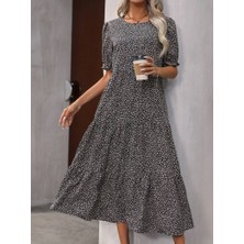 Bosel Kadın Mini Leopar Desen Midi Üç Kat Elbise