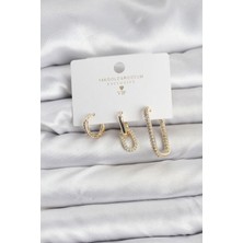 Çarşı Point Gold Renk Zirkon Taşlı 3'lü Kadın Küpe Seti
