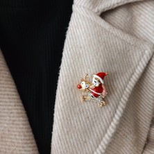 Lente Aksesuar Kristal Taşlı Geyikli Noel Baba Broş- Reng Geyikli Noel Baba Yaka Iğnesi