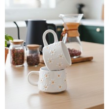 Trendevia Kabartma Papatya Desenli 2 Kişilik El Yapımı Seramik Kupa Bardak Seti