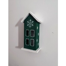 Elaceren Elaca Ahşap Yeşil  Dekoratif Mini Ev – Kış Temalı, Kar Desenli, Yılbaşı Noel Süsü, , LED Mumla Aydınlatılan Masa ve Duvar Dekoru