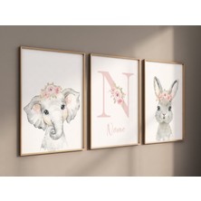 Ninastore Pembe Safari Hayvan Baskıları: Çiçekli Fil ve Tavşanlı Çocuk Odası Sanatı
