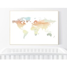 Ninastore Suluboya Dünya Haritası Baskısı: Nötr Çocuk Odası Dekoru