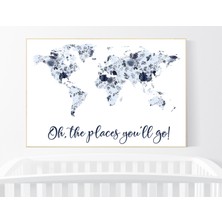 Ninastore Çiçekli Dünya Haritası Kreş Sanatı: Lacivert Kız Odası Dekoru