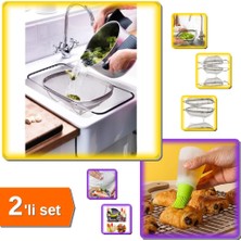 Hereveoyuncak Paslanmaz Çelik Teleskopik Süzgeç + 1 Adet Pratik Ucu Fırçalı Yağdanlık - 2li Set P3U0N1