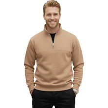 Deepsea Erkek Camel Relax Fit Içi Polarlı %100 Pamuk Yarım Fermuarlı Dik Yaka Sweatshirt 2600760