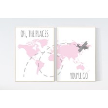 Ninastore Dünya Haritası Kreş Baskısı: Pembe Seyahat Dekoru, Kız Bebek Sanatı