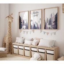 Ninastore Orman Fidanlığı Dekoru: Dağ Hayvanları Sanat Baskısı, Lacivert ve Pembe