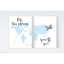 Ninastore Dünya Haritası Kreş Sanat Baskısı: Mavi Uçak Dekoru